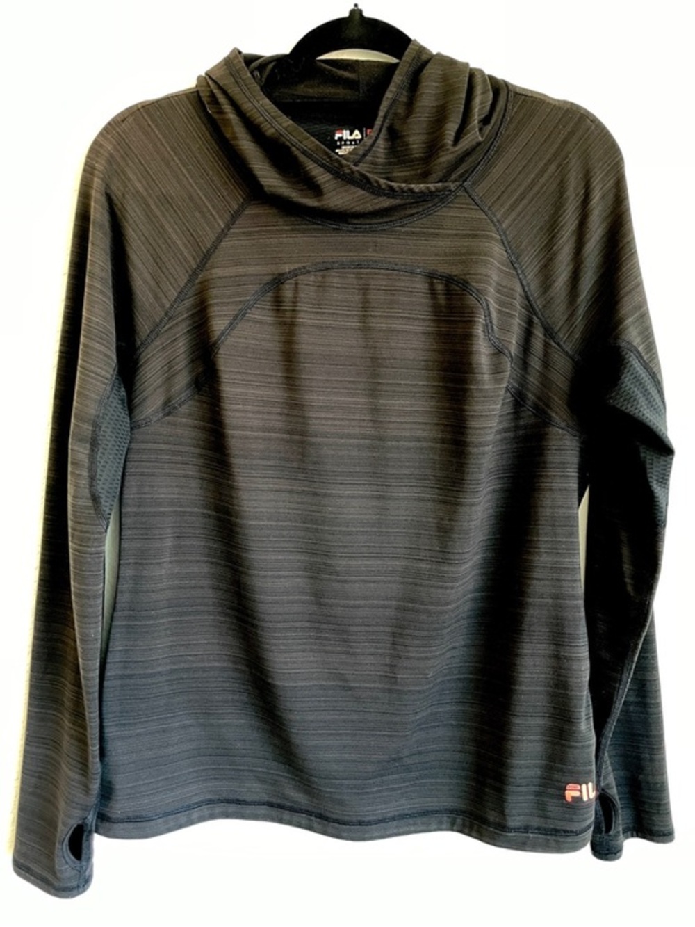 Fila Black Hooded Long Sleeve Athletic Top with Subtle Stripe